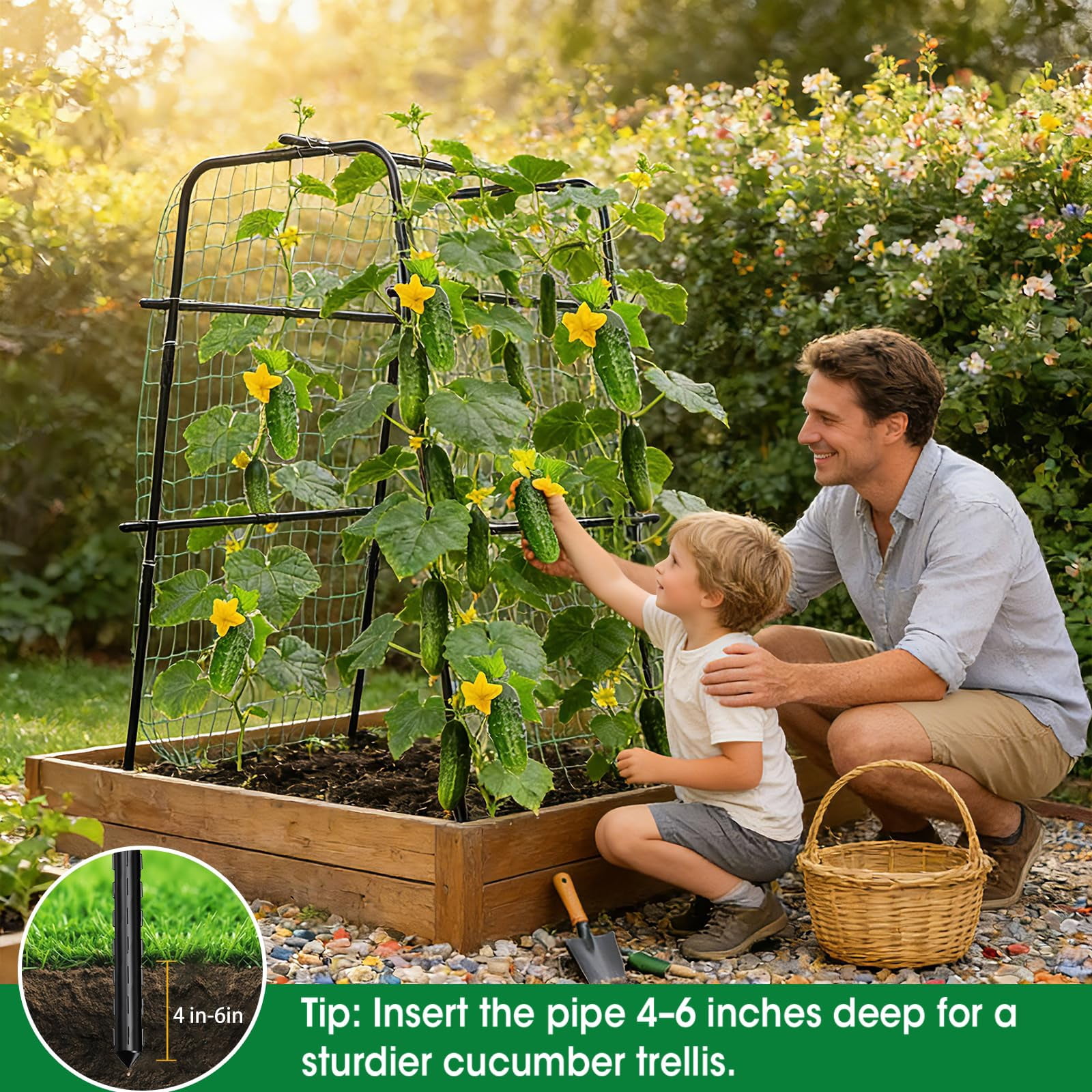 Cucumber Trellis For Raised Bed And Garden  47" H X 31" W U-shaped Metal Climbing Plants With Nylon Netting Vegetable Support Frame