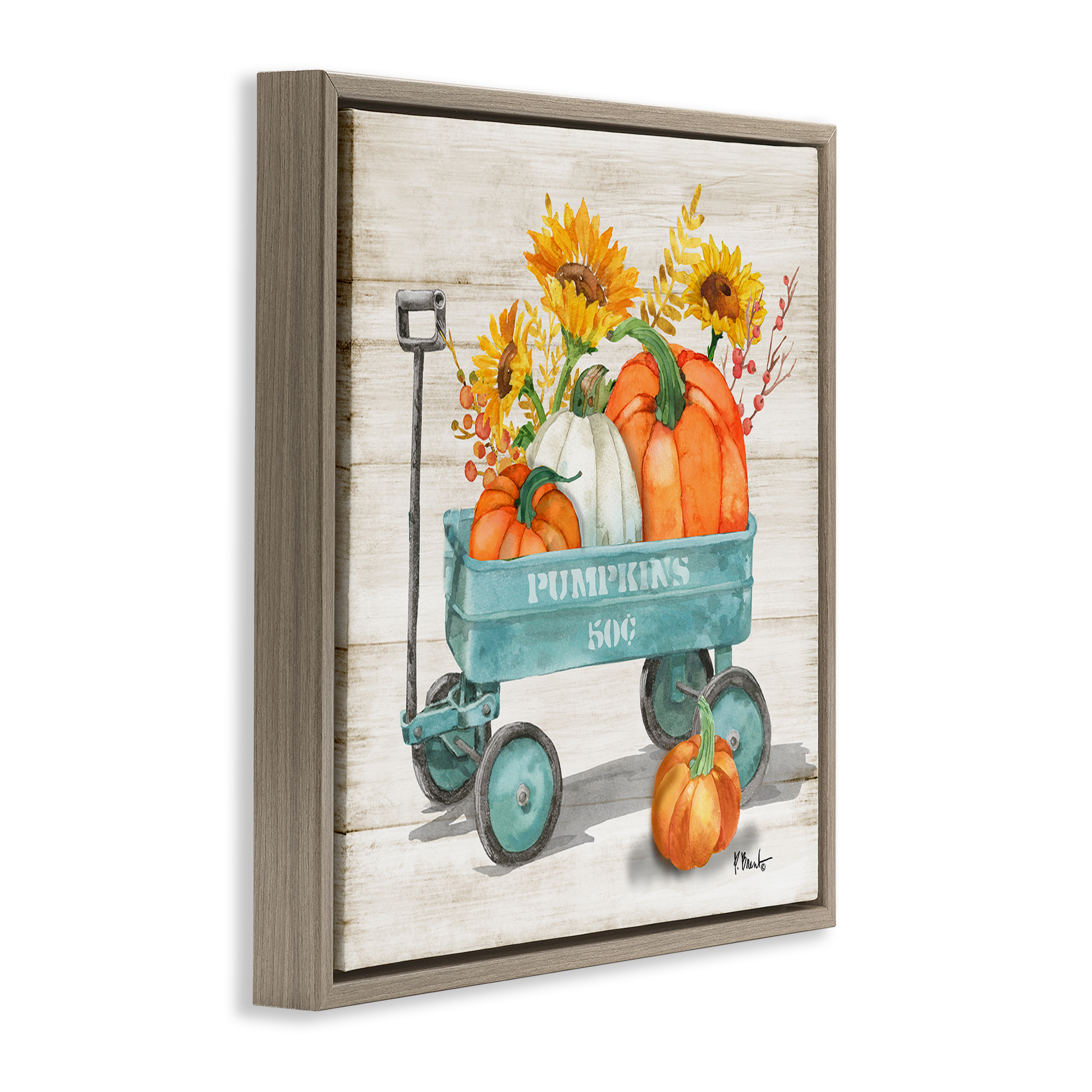 Stupell Industries Pumpkins Harvest Wagon Botanical & Floral Painting Brown Floater Framed Canvas Art Prints Wall Art, 25 x 25