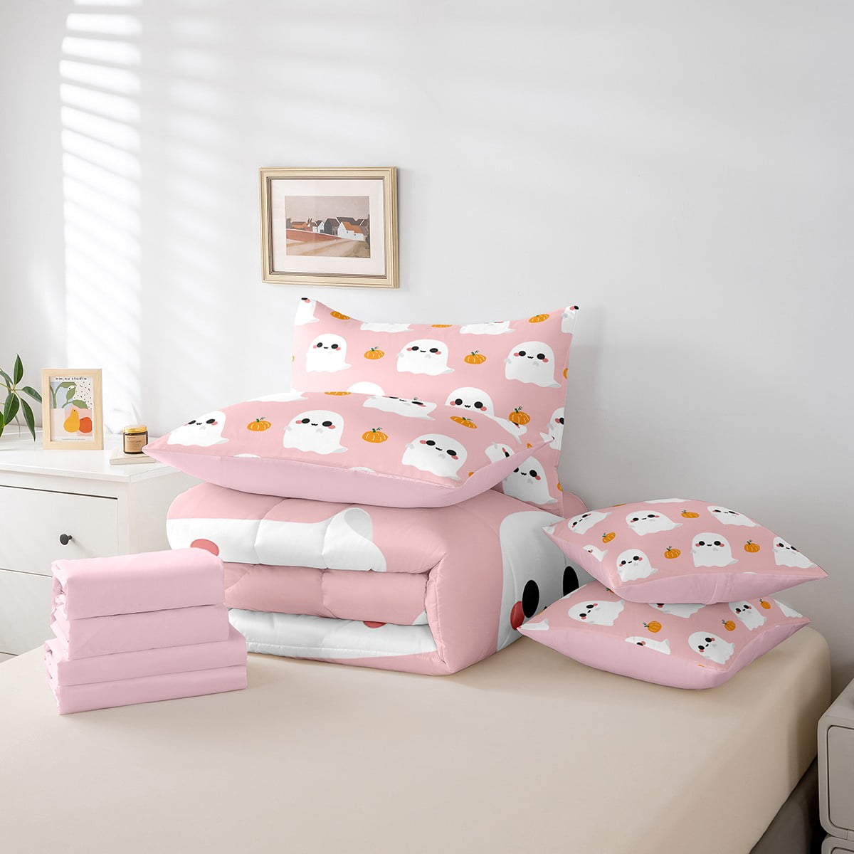 Couvre-Lit 2 Places 240x220 Cm Fantôme Kawaii Halloween - Housse De Couette Enfant/Ado - Blanc