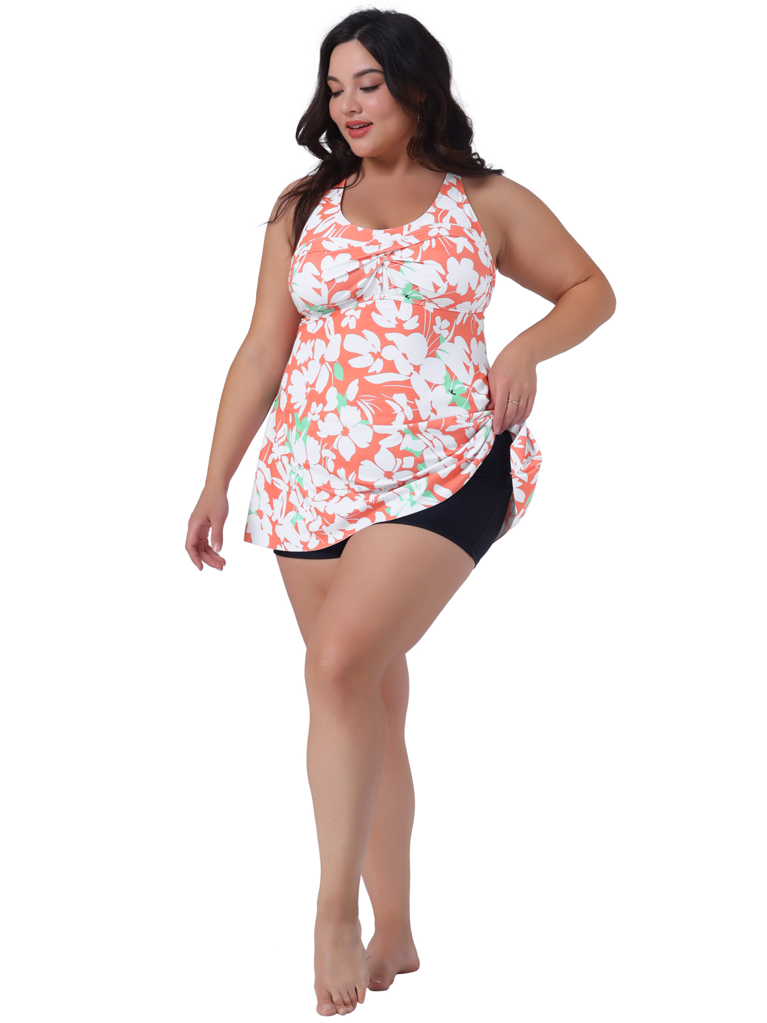 DARING DIVA Plus Size Women 2 Pieces V Neck Floral Tops with Shorts L Orange