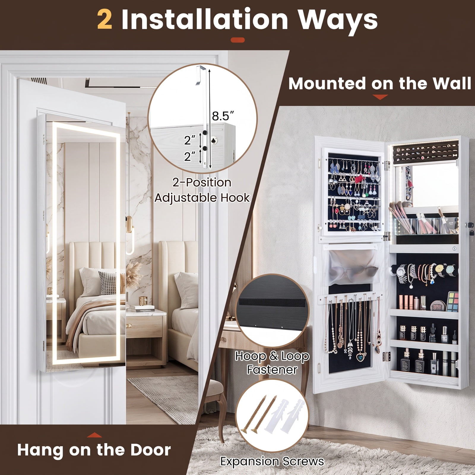 Furnibear 42.5 Inches Lockable Jewelry Mirror Wall Cabinet with 3-Color LED Lights for Bedroom Dressing Room Jewelry Necklace Rings Storage, White