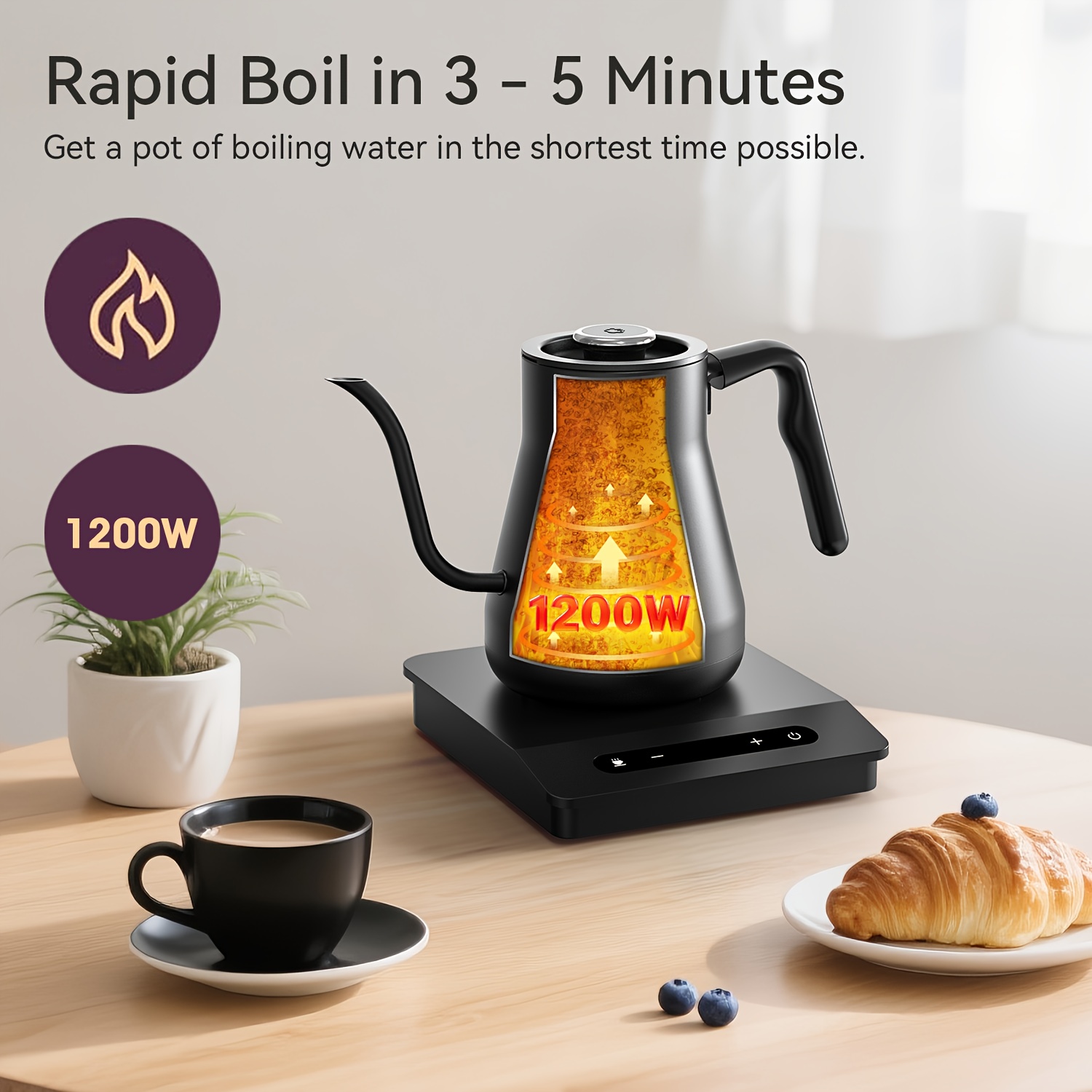 Electric Gooseneck Kettle with Temperature Control, 1200W 0.8L Fast Boil, Keep Warm & Auto Shut-Off, Boil-Dry Protection for Pour-Over Coffee and Tea, Black