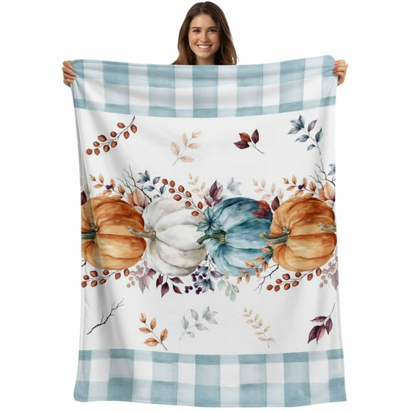Flannel Fleece Throw Blanket Orange Pumpkin Thanksgiving Fall Eucalyptus Leaf Lightweight Soft Plush Blankets,Teal Plaid Cozy Warm Throw Blanket for Couch Sofa Bed Car Office All Season Use 40x50in