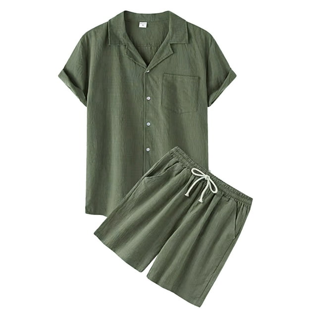 Liyamei Ensemble Décontracté pour Hommes Printemps Couleur Unie Manches Courtes Col Rabattu Short Costume Coton