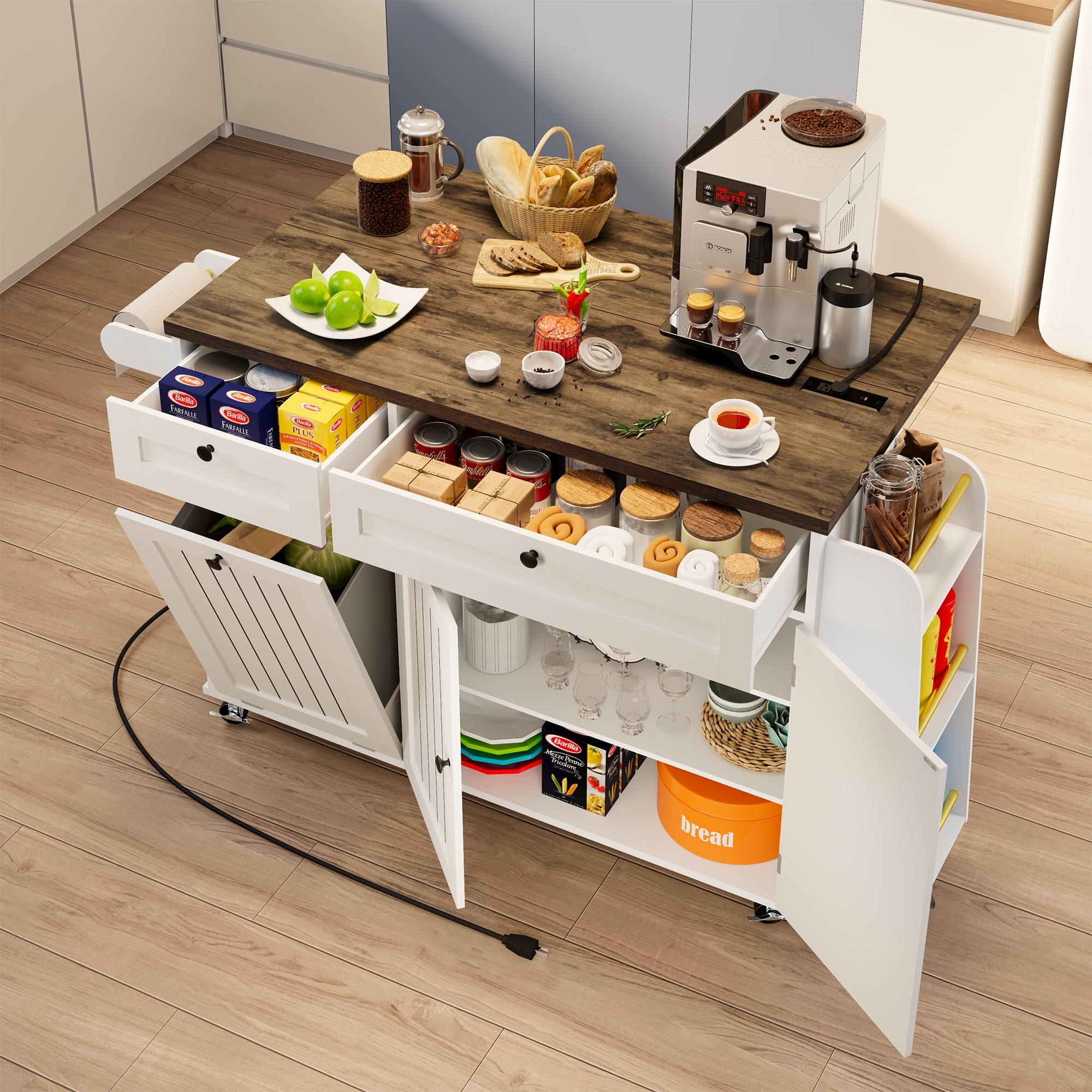Multifunctional Kitchen Island Cart with Electrical Outlet, Drawers & Wheels – Mobile Storage & Prep Station for Small Spaces, Brown & White