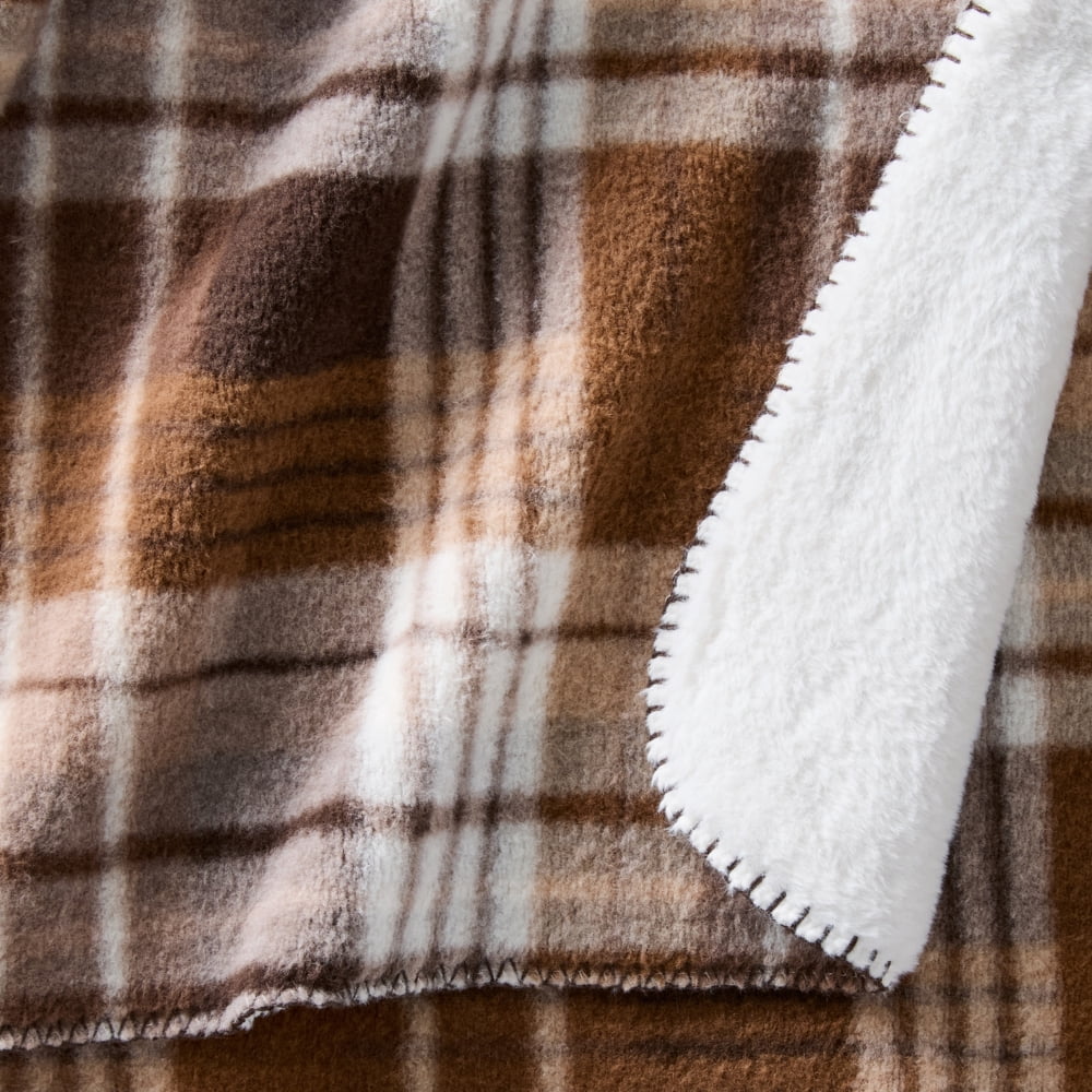 Better Homes & Gardens Brown Plaid Faux Wool Reverse to Faux Fur Throw, 50" x 72"