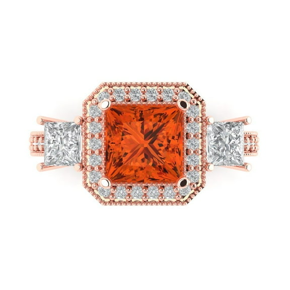 3.005 ct Princess Cut Simulated Red Diamond 3 Stone 14K Rose Gold Womens Engagement Ring