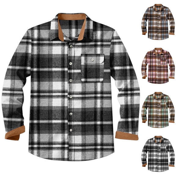 HomeDM Mens Plaid Shirts Long Sleeve Button Down Work Jacket Shirts with Pocket, Black