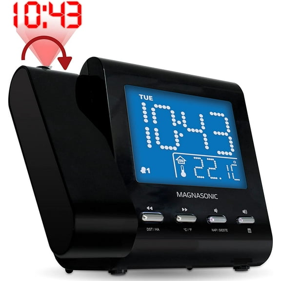 Feature-Rich Projection Alarm Clock with AM/FM Radio, Dual Alarm, and Dimming Display - Black