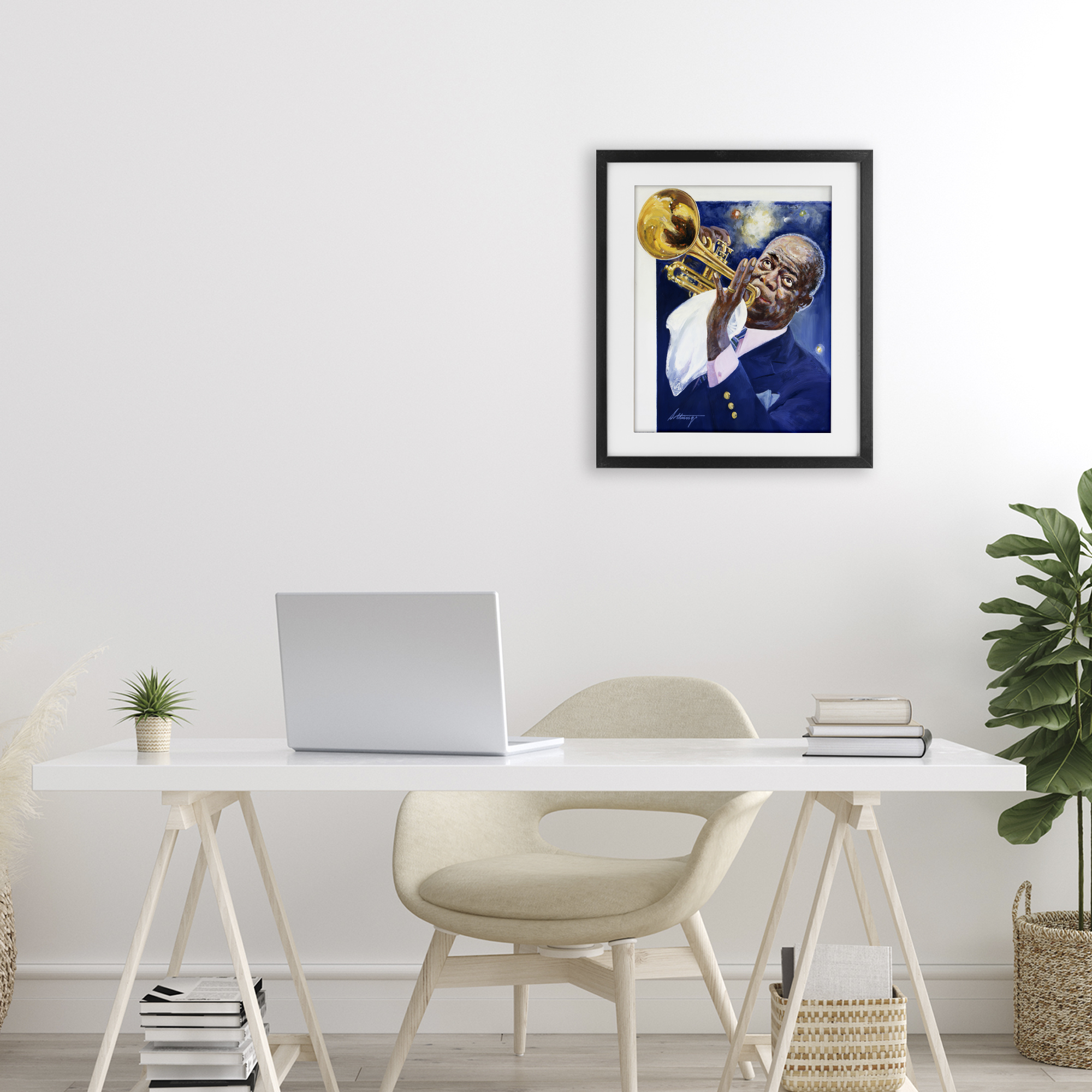 Louis Armstrong Portrait Black Framed Print Under Glass, design by Wind River Studios