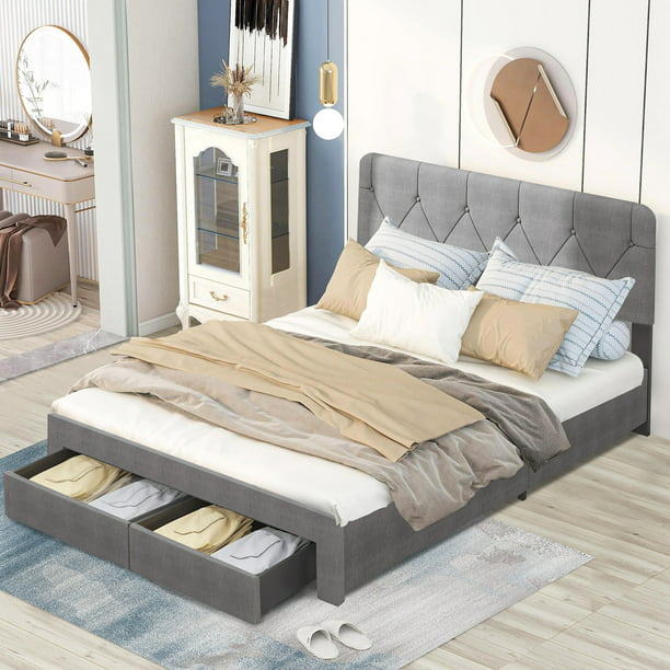 SYNGAR Upholstered Queen Platform Bed Frame with Storage Drawers, Queen ...