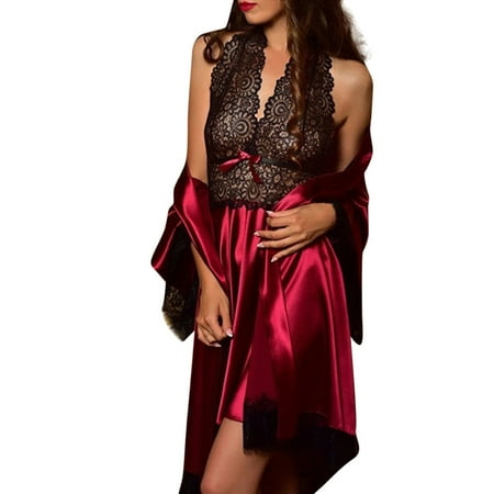 beishanbush Clearance Sales Intimates Under $10 2pcs Women Satin Lace Sleepwear Babydoll Underwear Nightdress Pajamas Set