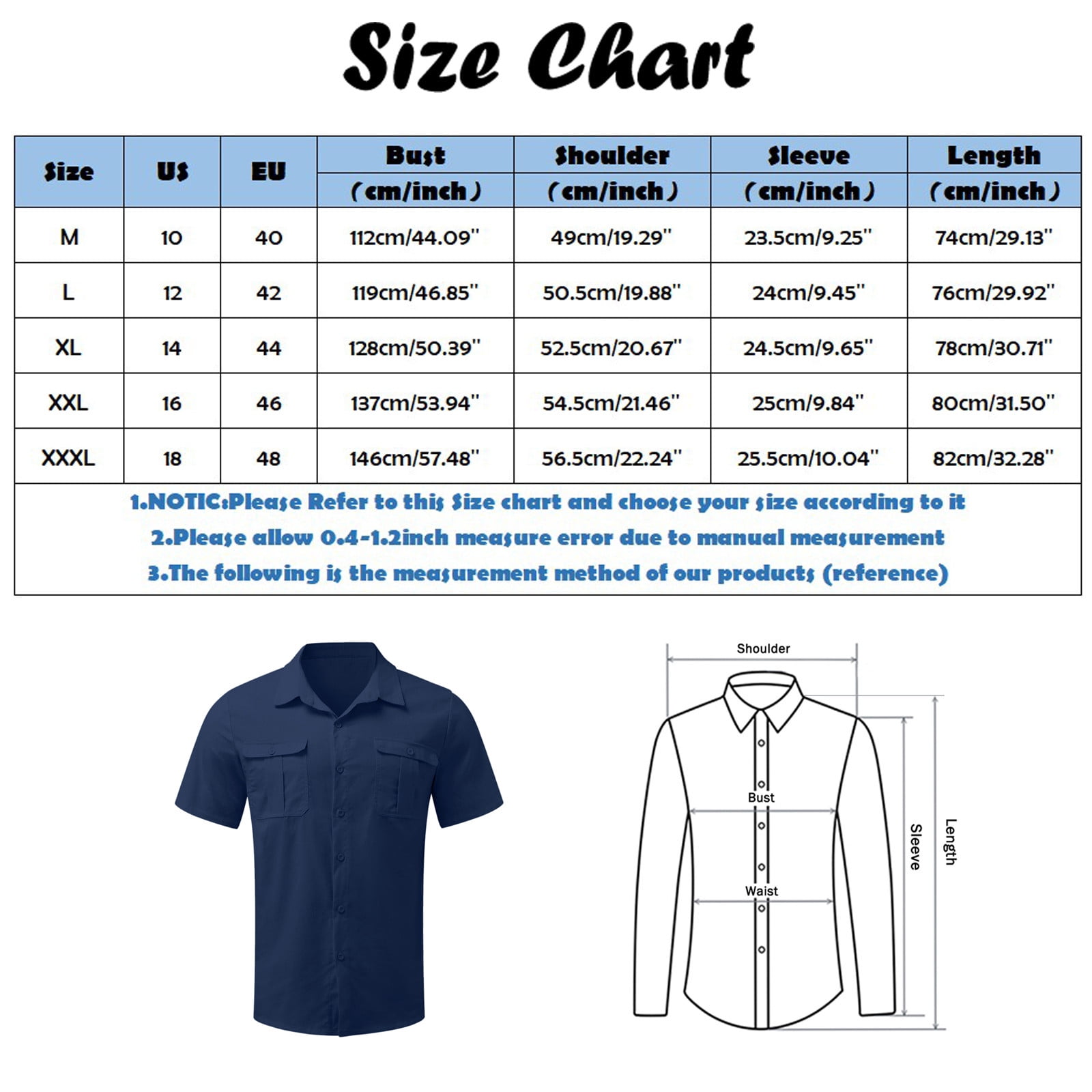 Mens Shirt Adult Male Dress Shirt Men Male Casual Solid Top Shirt Double Pocket Short Sleeve Elegant Turn Down Shirt Button formal Clothes Navy XL