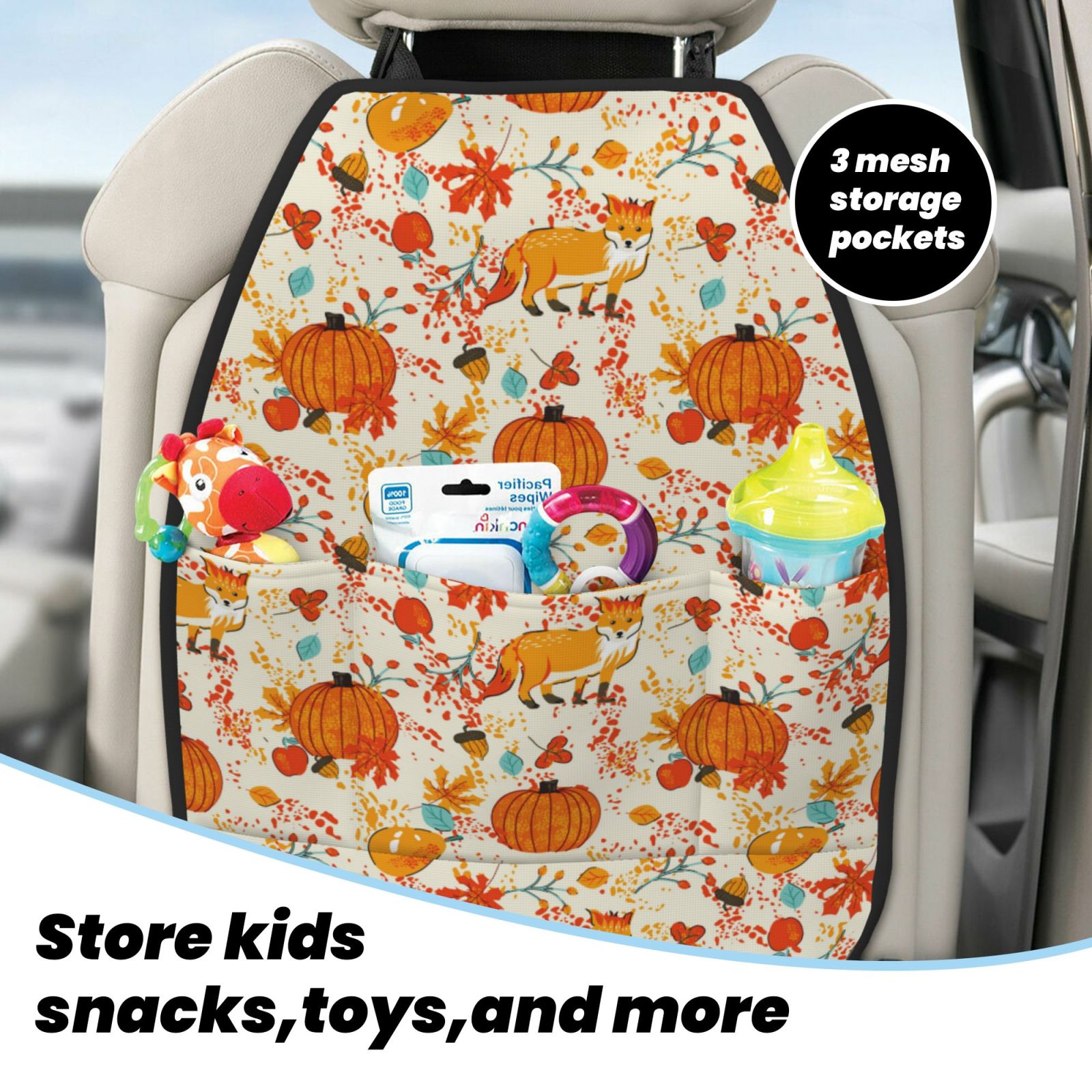 Xecao Pumpkin Fall Pears Pattern Car Seat Back Protector 2 Pack Large Capacity Pocket, Kick Mats Back Seat Protector