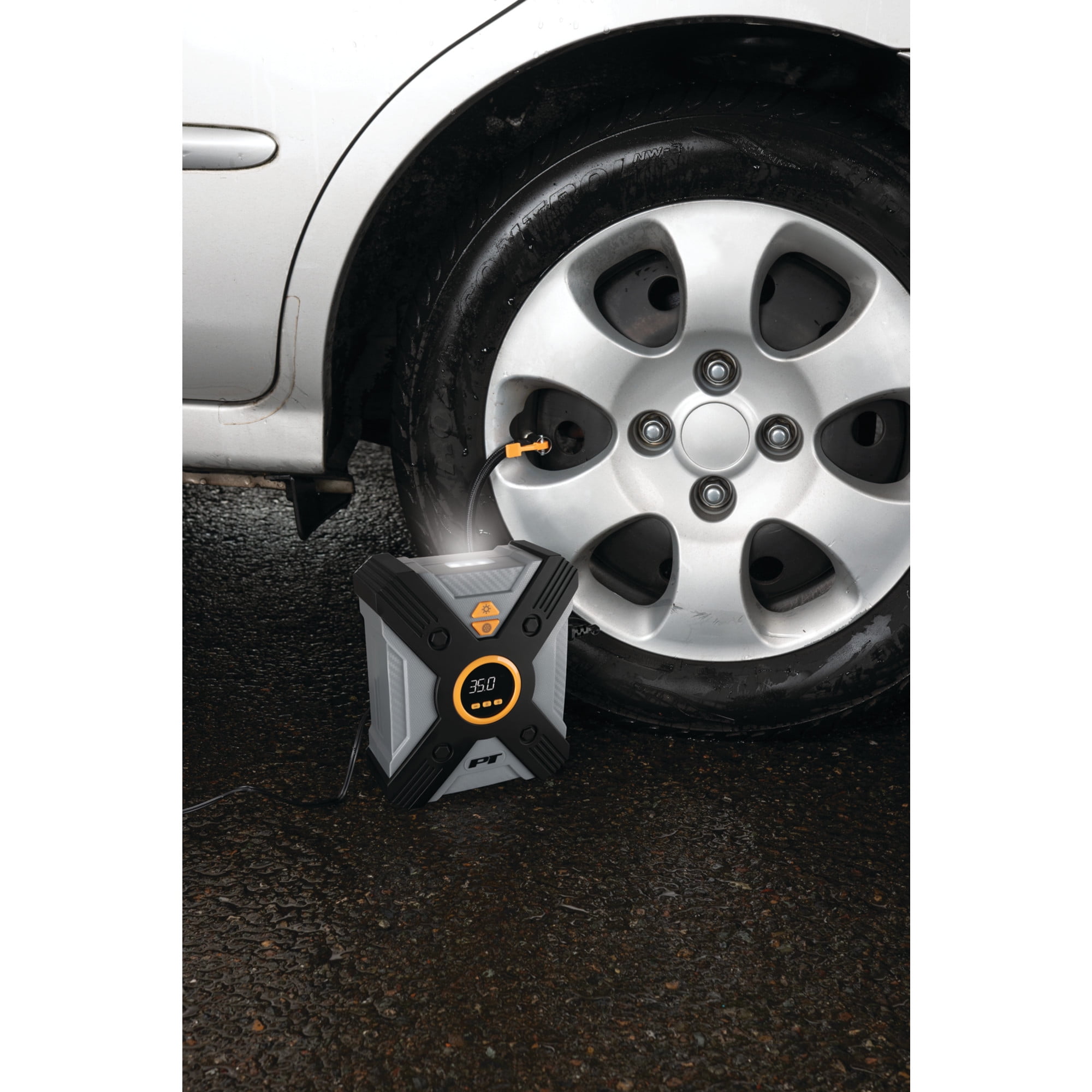 Performance Tool Vortex E00005 AC/DC Powered Tire Inflator w/ LED Light, Lever-Locking Air Chuck, Long Power Cord, Three Nozzles, Gray