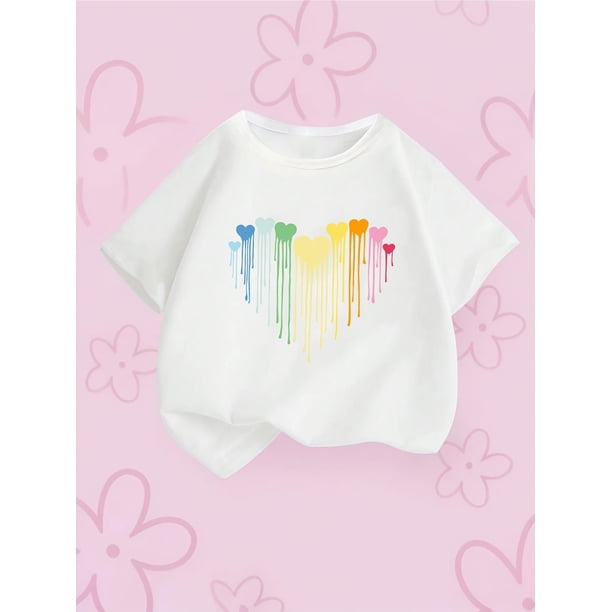 Girls' Casual Cotton T-Shirt | Colorful Heart Print | Round Neck, Short Sleeve | Multi-Color Graphic Tee for Spring/Summer | Machine Washable | Ideal for Everyday & Outdoor Activities, Everyday Girls