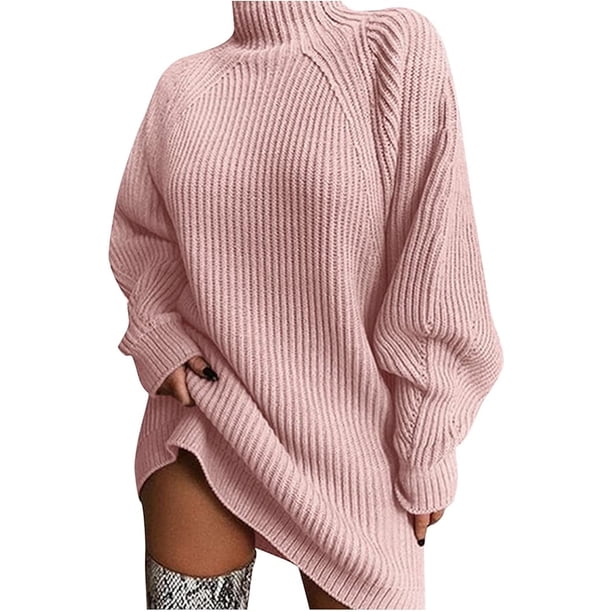 Suéter largo para mujer, suéter informal de gran tamaño, vestido de mujer, suéter de punto de cuello alto de color sólido para otoño, suéter largo grueso para mujer, sudadera elegante de