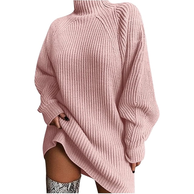 Suéter largo para mujer, suéter informal de gran tamaño, vestido de mujer, suéter de punto de cuello alto de color sólido para otoño, suéter largo grueso para mujer, sudadera elegante de