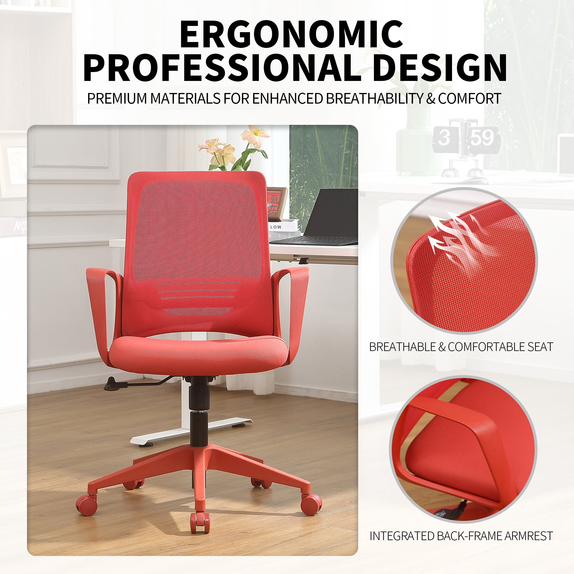 Executive Office Ergonomic Mesh Chair 350LBS, Office Seating, Mesh Fabric, Comfortable Sitting, Integrated Armrest, Lifting, Swivel Net Chair (Red)
