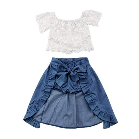 Baby Girl Kid Lace Off-Shoulder Shirt Blouse Top Short Pants Dress Party 3Pcs Clothes Outfit