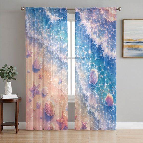 Summer Coastal Sheer Curtains 96 Inch Length 2 Panels Set, Sparkling Beach Waves Shell Starfish Voile Window Treatment Semi Sheer Long Curtains Drapes for Bedroom/Living Room/Kitchen 52"x96"x2