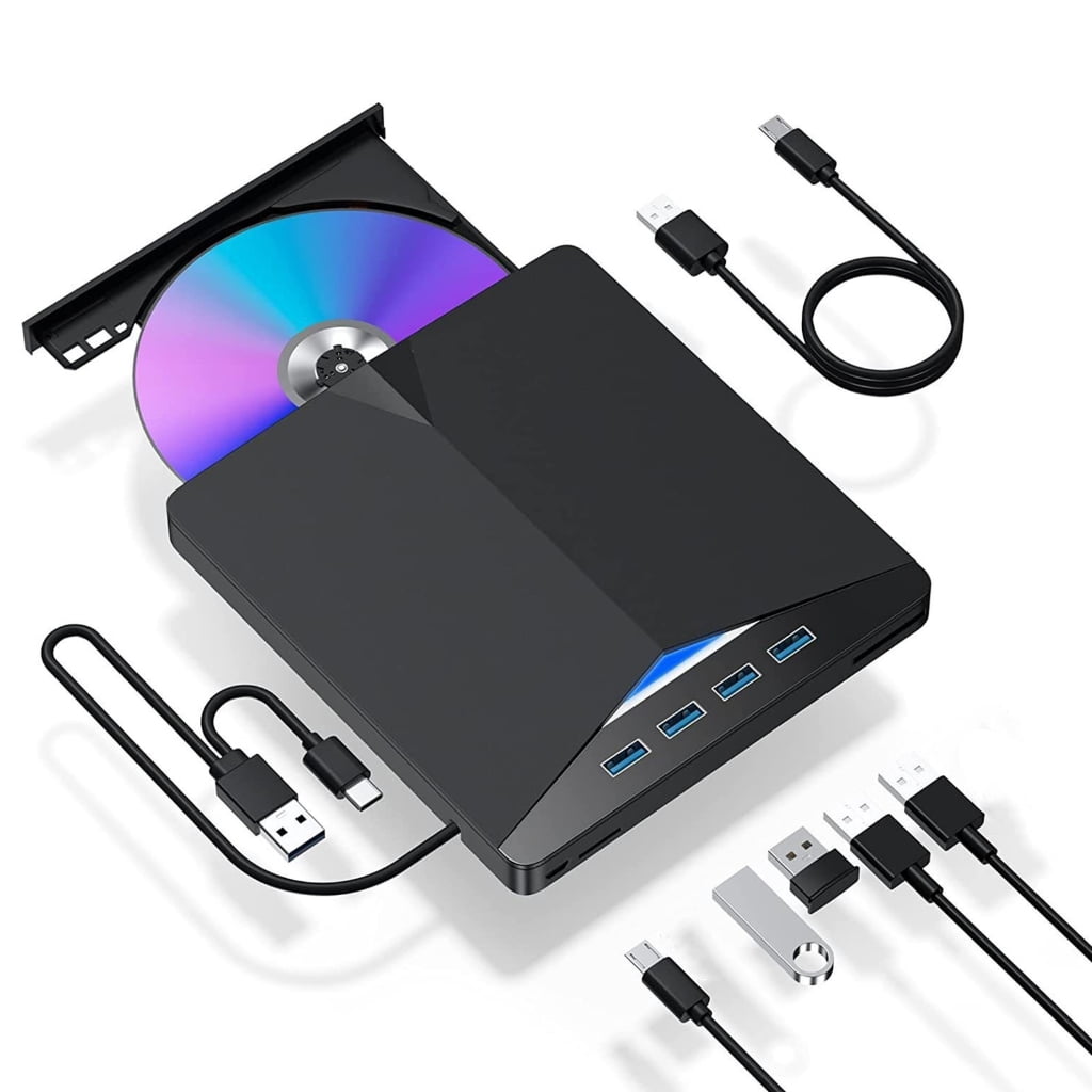BQBQERT 7 Port External Video Disc Drives for Laptop USB C USB3.0 Portable Burners Writer with Card Slot USB Ports Fast Speed Re