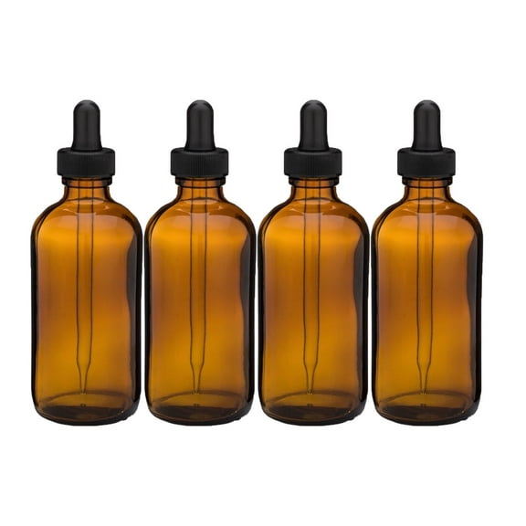 Amber 4oz Dropper Bottle (120ml) Pack of 4 - Glass Tincture Bottles with Eye Droppers for Essential Oils & More Liquids - Leakproof Travel Bottles