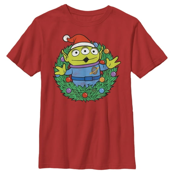 Boy's Toy Story Christmas Alien Wreath Graphic Tee Red Medium