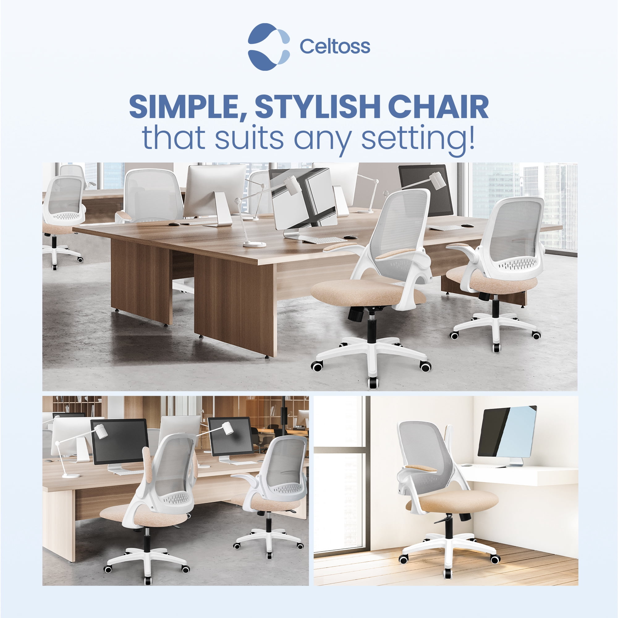 CELTOSS Ergonomic Office Chair, Flip-Up Arms, Adjustable Lumbar Support, Beige
