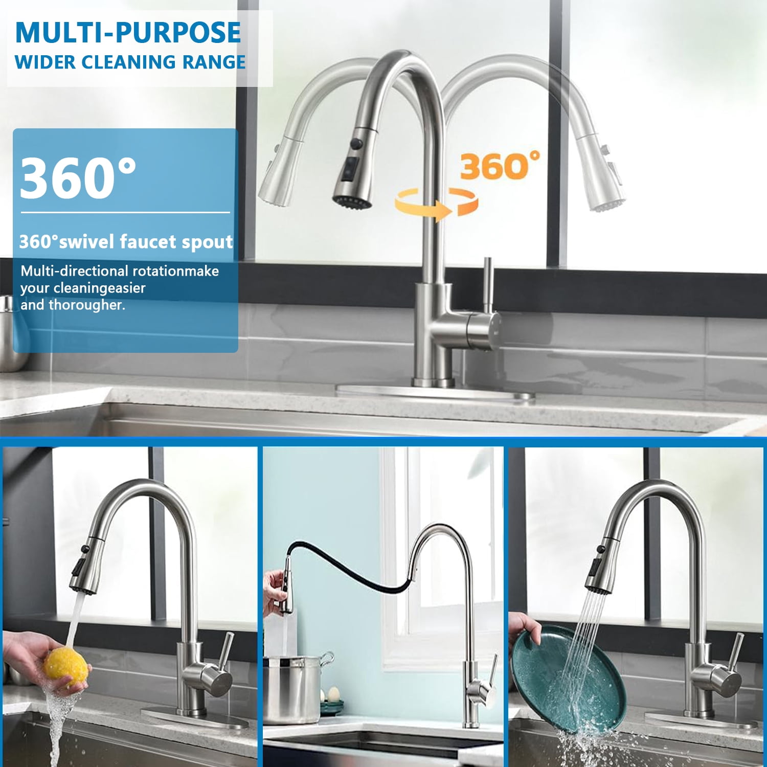 Inolait Kitchen Faucets, Brushed Nickel Kitchen Faucet with Pull Down Sprayer, High Arc Single Handle Stainless Steel Sink Faucets 1 or 3 Hole, Kitchen Sink Faucets for Bar Laundry RV Utility Sink
