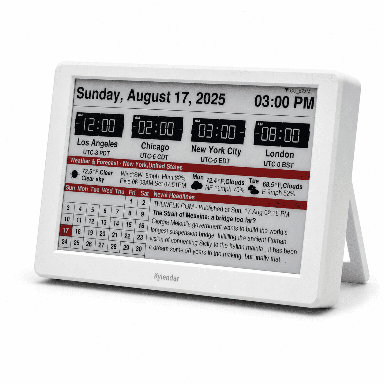 Kylendar 7 E-Paper Electronic Calendar, Rechargeable Wifi Digital Desk Calendar with Weather, News and World Clock, White