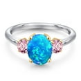 thumbnail image 3 of Gem Stone King 10K Two Tone Gold Simulated Blue Opal and Pink Lab Grown Diamond Engagement Ring for Women | 1.06 Cttw | Oval Cabochon 9X7MM | Gemstone October Birthstone | Size 9, 3 of 6