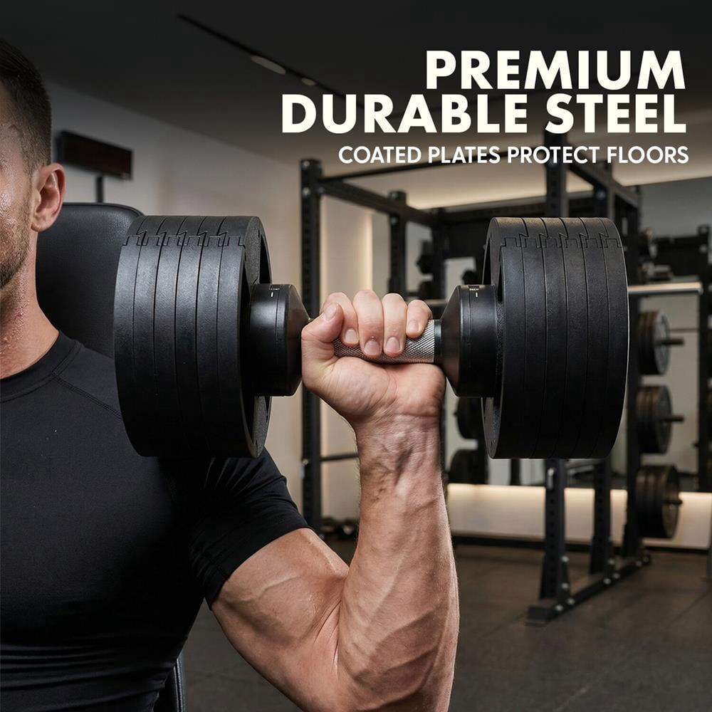 Squatz Adjustable Dumbbells Set – Quick Weight Change Dumbbells with Anti-Slip Handle, Secure Locking System, Space-Saving Design with Heavy-Duty Plates & Base