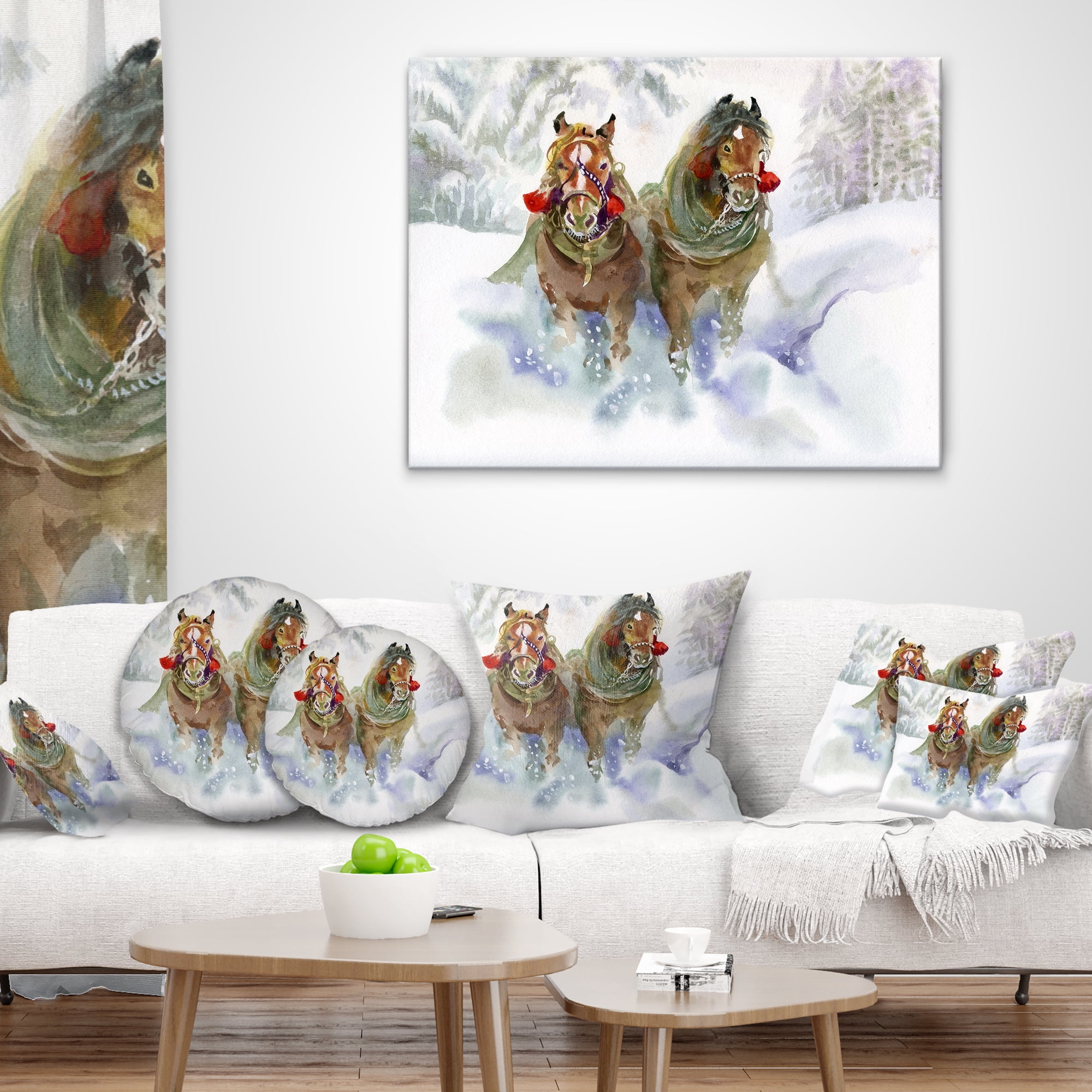 Designart Horses Running in Winter - Animal Throw Pillow - 12x20