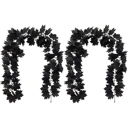 Morttic 2 Pcs Artificial Black Flowers Maple Garlands, 5.9 Feet Black Garland and Fall Hanging Maple Vines for Thanksgiving, Autumn, Haunted House, Home Decor (Black)