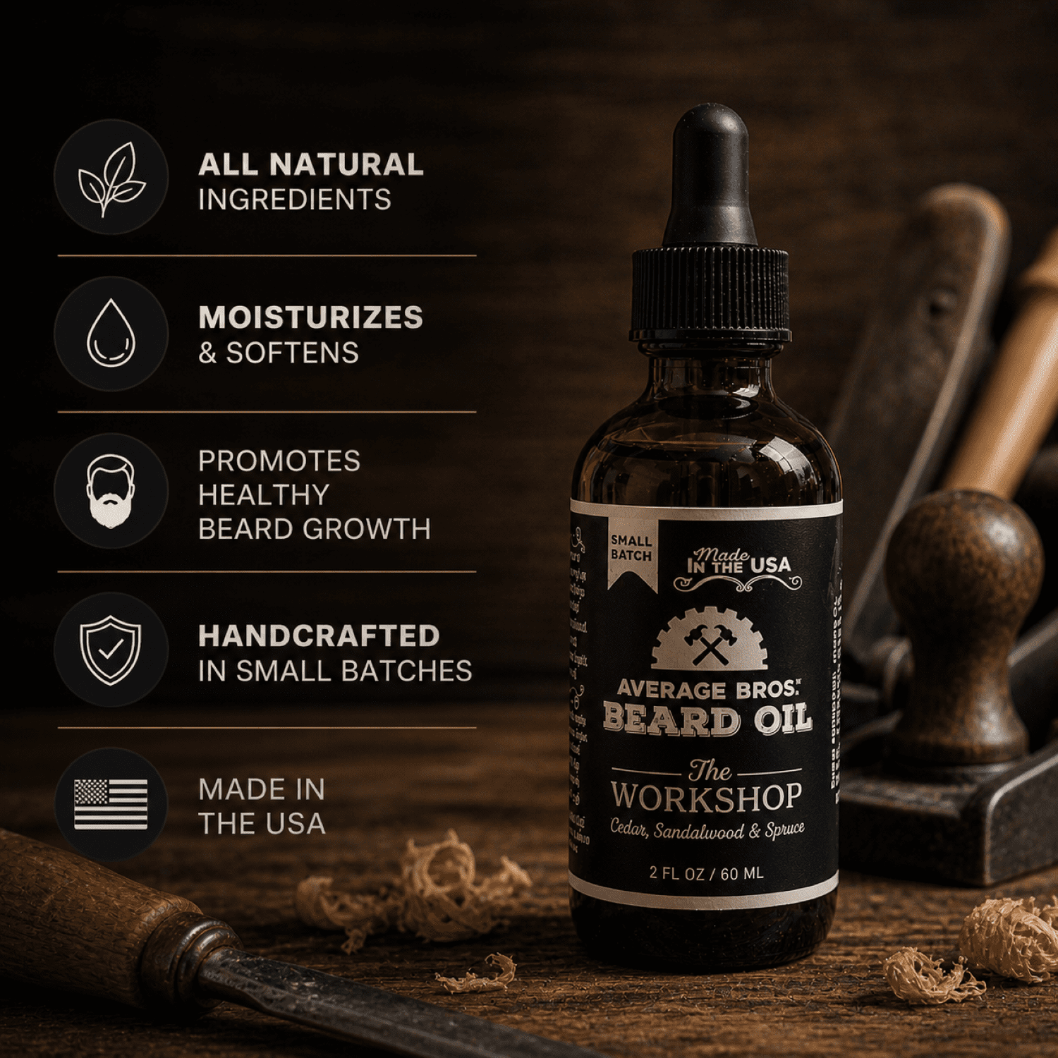 Average Bros Beard Oil for Men, The Workshop Cedar, Sandalwood & Spruce Scent, 2 fl. oz, Moisturizes and Softens Beards
