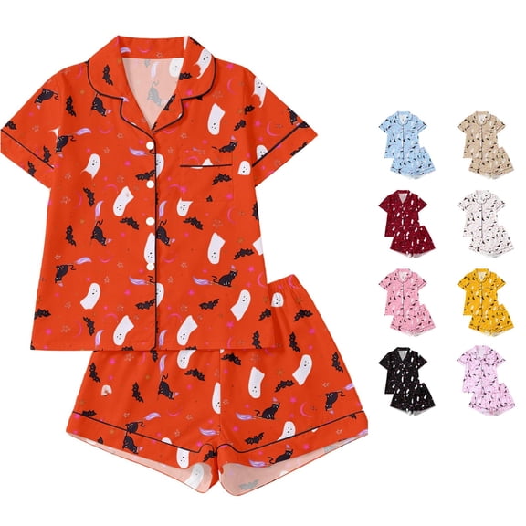 SIYUDAN Toddler Girls Halloween Pajamas Set Pumpkin Ghost Bat Print Girls Silk Pjs Short Sleeve Button-Down Sleepwear with Shorts Set 3-4 Years Girls Pajamas