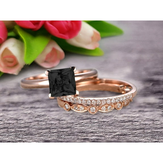 Trio Set 2.25 Carat 6mm Princess Cut Black Diamond Moissanite Wedding Set Engagement Ring Anniversary Ring On 10k Rose Gold Art Deco With Matching Band Shining Startling Ring