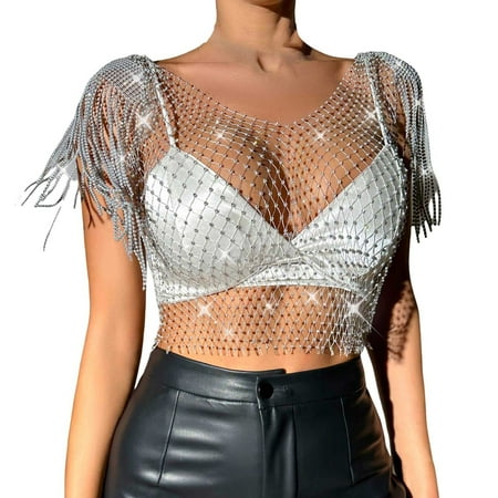 Youmylove Womens Trendy Tops Rhinestones Crop Tank Top Sleeveless Fringe Shawl Wrap See Through Bikini Cover Up Sparkly Body Chain Basic Trendy Clothes
