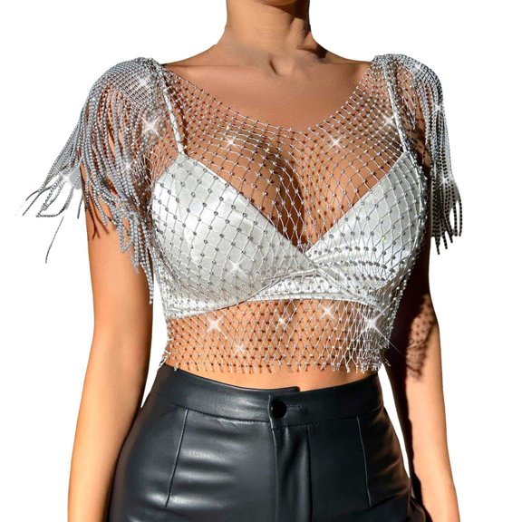 SHITINN Womens Swim Tops 4 Set Crop Top Women's Rhinestones Crop Tank Top Sleeveless Fringe Shawl Wrap See Through Bikini Cover Up Mesh Body Chain