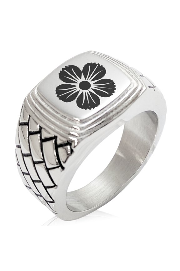 Stainless Steel Saito I Samurai Crest Geometric Pattern Step-Down Biker Style Polished Ring