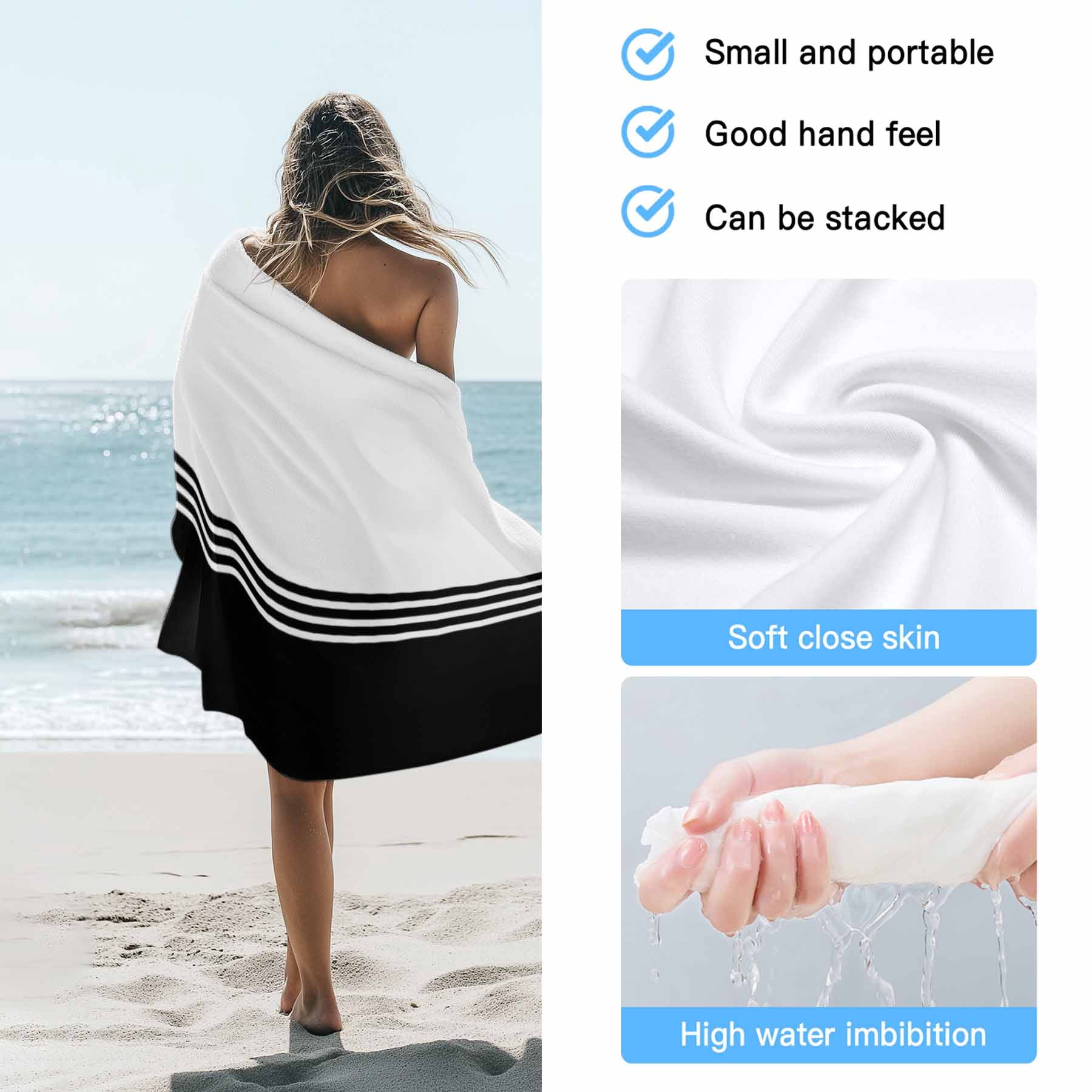 Beach Towel Black White Stripes Bath Pool Towels Minimalist Absorbent Beach Towel Soft Large Quick Dry Lightweight Camping Travel Sports Yoga Gym Swim Towels for Adult 35x70 Inch