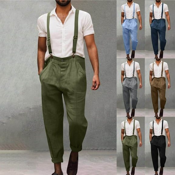 Ofertas Relampago de Hoy! QATAINLAV Linen Cargo Jumpsuits for Men Bib Overalls Workwear Vintage Medieval Straight Leg Summer Pants Steampunk Y2K Streetwear with Pockets Black M