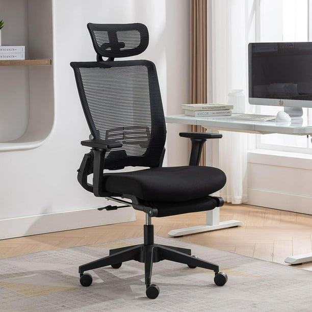 Hforesty Foldable Office Chair with Footrest Black Big and Tall Ergonomic Mesh Office Desk Chair Comfortable Tilt Function Swivel Computer Office