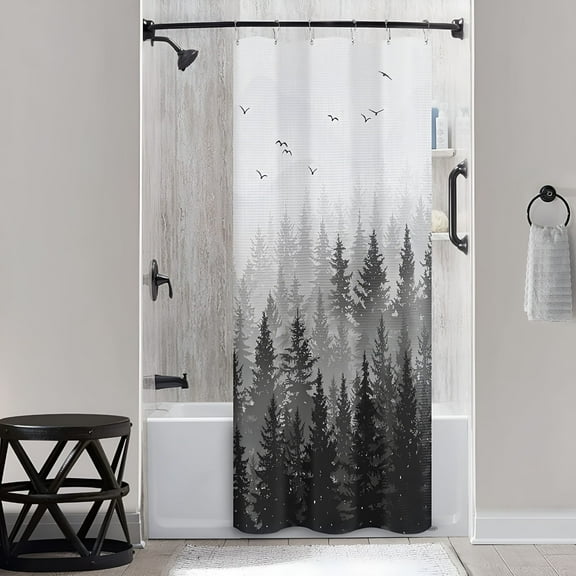 LAMIRO 36 Stall Shower Curtain Black Trees Shower Curtains for Bathroom Dark Grey White Ombre Shower Curtain Nature Mountain Misty Forest Woodland Shower Curtain Set