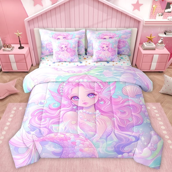 Homewish Cartoon Mermaid Princess 7-Piece Twin Bedding Sets,Ocean Animal Bedding Comforter Set,Blue Pink Sheet Sets For Girls Kids,Breathable Home Decor Reversible