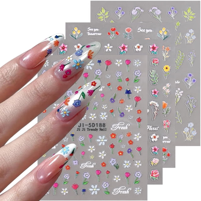 Pegatinas para uñas Fspronail 5D con forma de flor en relieve autoadhesivas