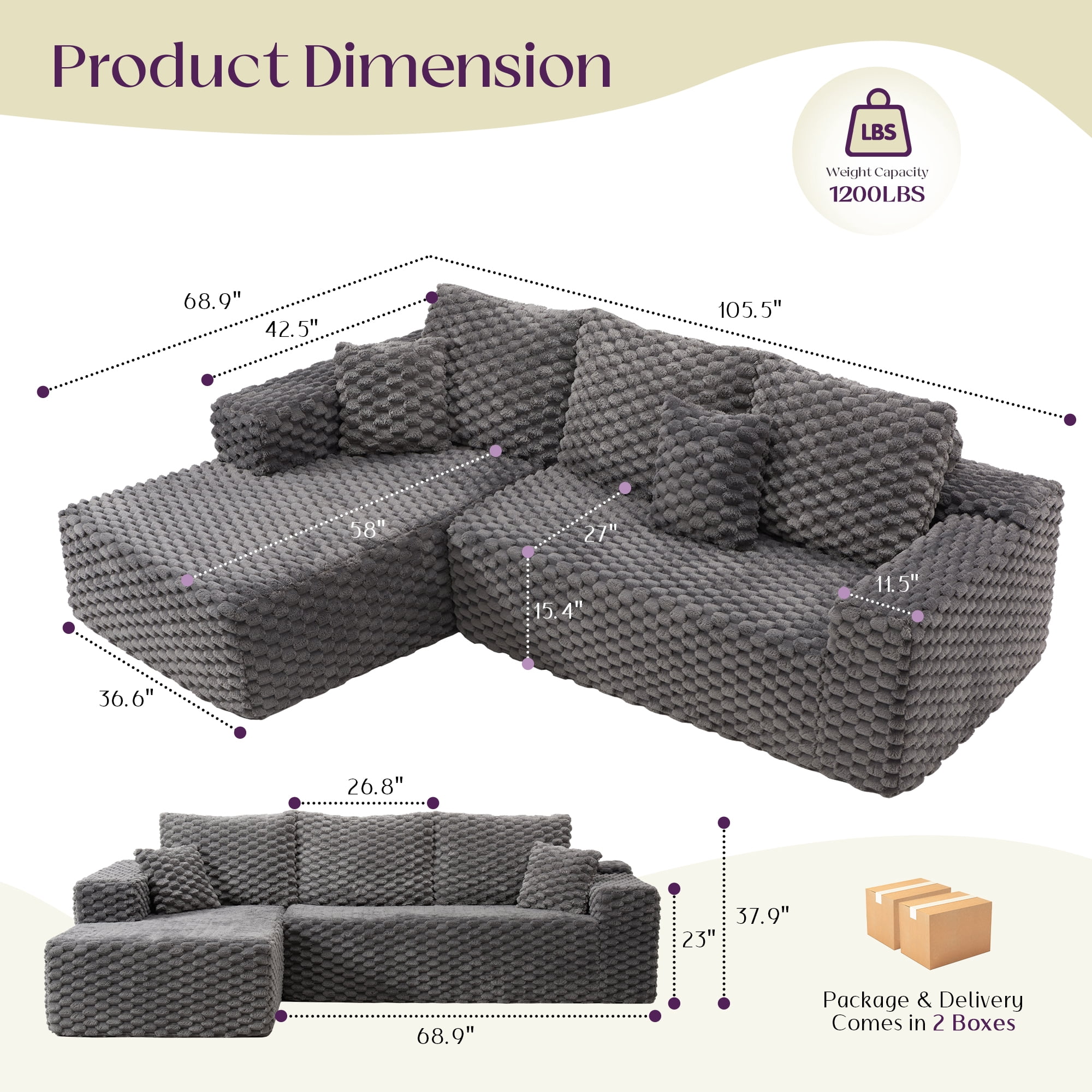 VANACC 106" Sectional Sofa, Morden Deep Seat Oversized Couch with Plush Pillows, Pet-Friendly Upholstery, No Assembly Required, Grey