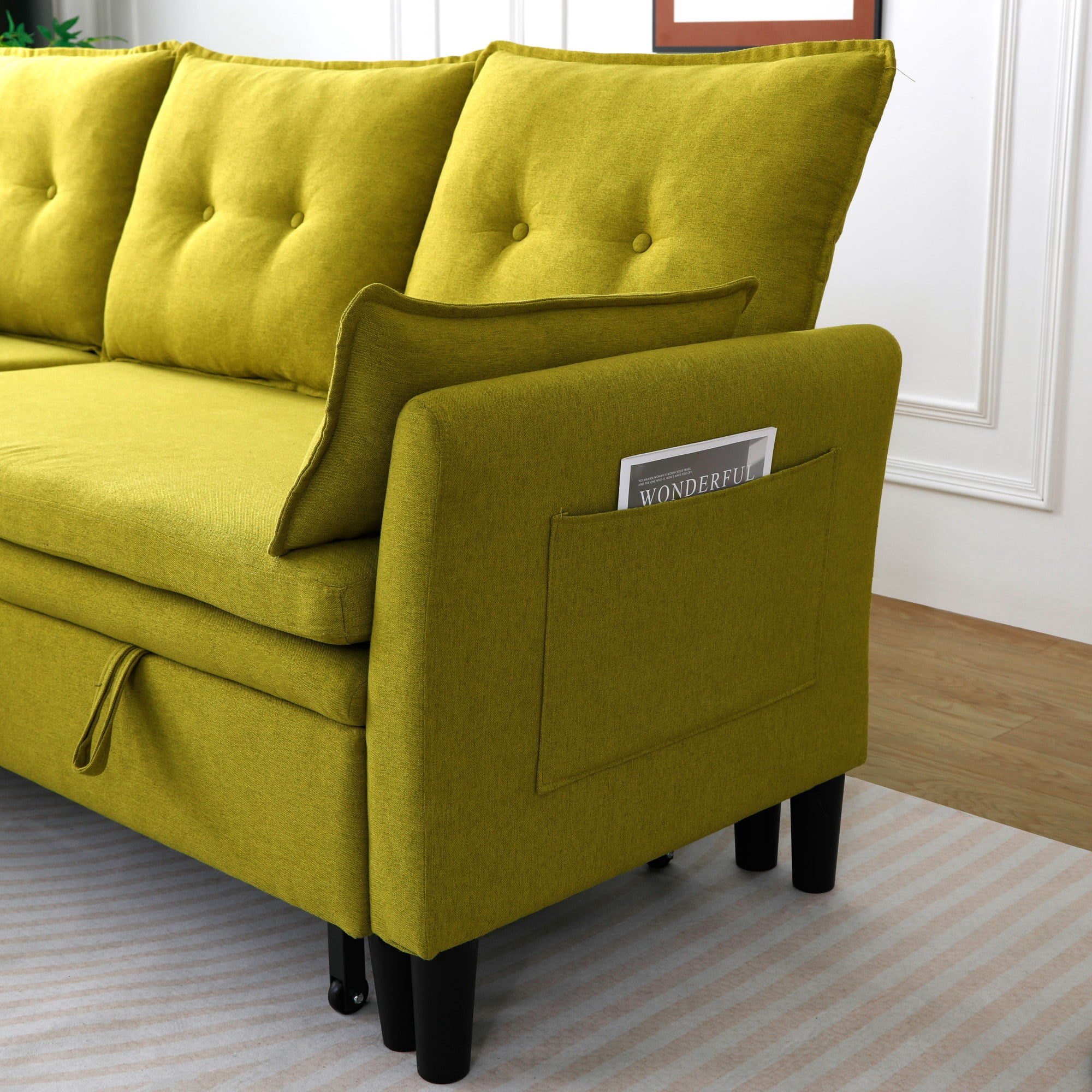 Convertible Sofa Bed,L-Shaped Sectional Sleeper Sofa with Storage Chaise,Cotton Linen Pull Out Sleeper Couch for Small Living Room,Apartment,Green