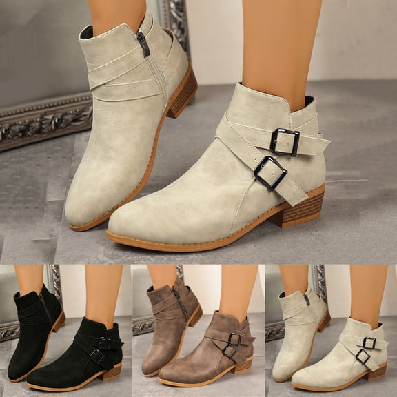 Pandaie Ankle Boots for Women Comfortable Low Stacked Heel Faux Leather Walking Short Booties Classic Casual Fall Winter Daily Dress Shoes Size 6‑9.5